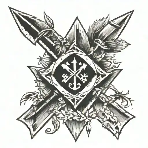 Crossed arrows.  At the top capital “M” with a heart underneath the “M”.  In the heart 1987.  To the left of the crossed tattoo design idea