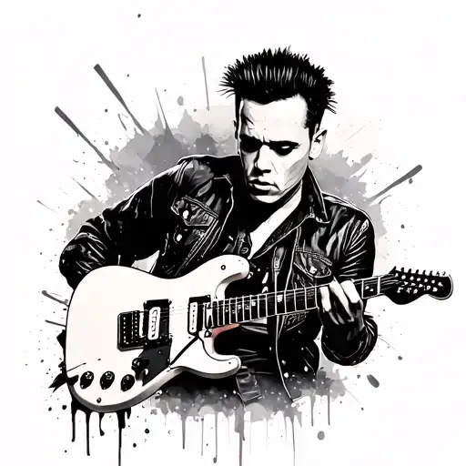 Joe Strummer with Mohawk and telecaster guitar trash polka tattoo design idea