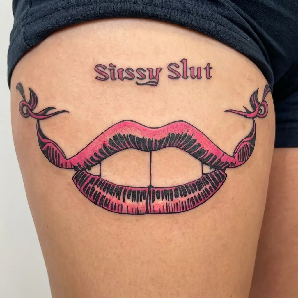 "Sissy Slut" "tribal" "slut" "pinstripes" "color" "womb position" "emo" "femboy" tattoo design idea
