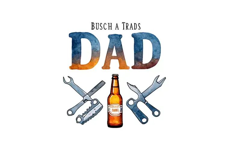 dad memorial with busch mountains, tools and beer bottle tattoo design idea