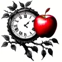 black apple tree with red apple and clock set to 11:59 Roman numerals in branches minimalist style tattoo design idea