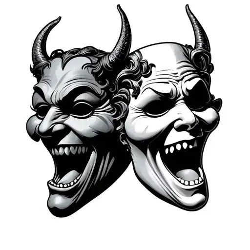 comedy and tragedy masks demons tattoo design idea