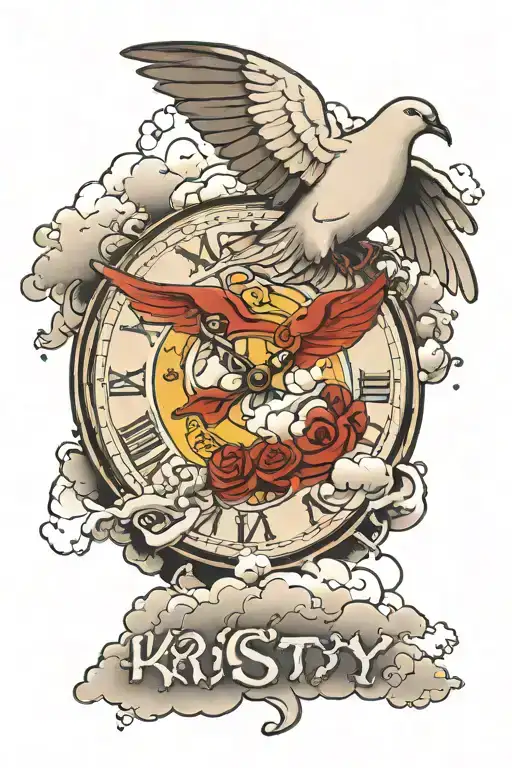 dove holding a watch surrounded by clouds with the name kristy inside the circle clouds tattoo design idea