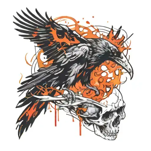 Black Raven Sitting on Skull engulfed in flames tattoo design idea