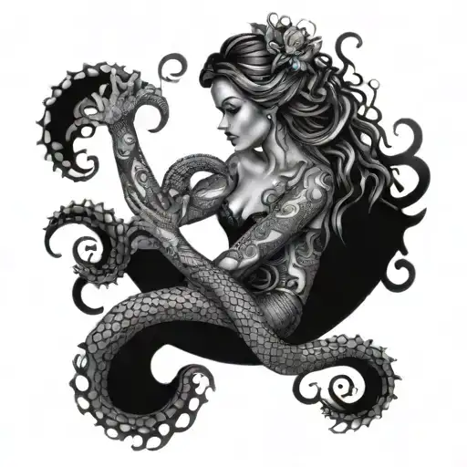 octopus wrapping its tentacles around the mermaid, with intricate details like scales on the mermaid's tail and suction tattoo design idea