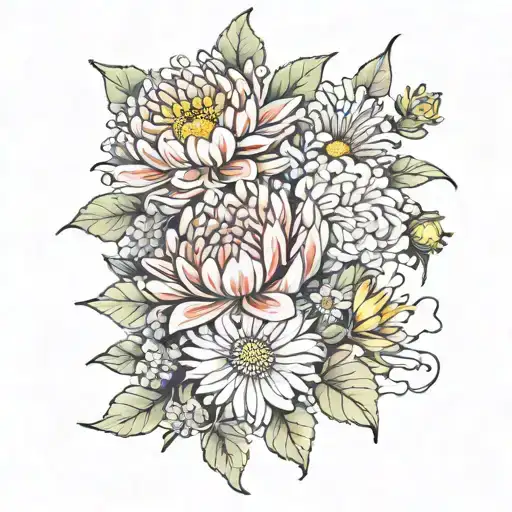 chrysanthemum, honeysuckle, carnation, aster flowers tattoo design idea