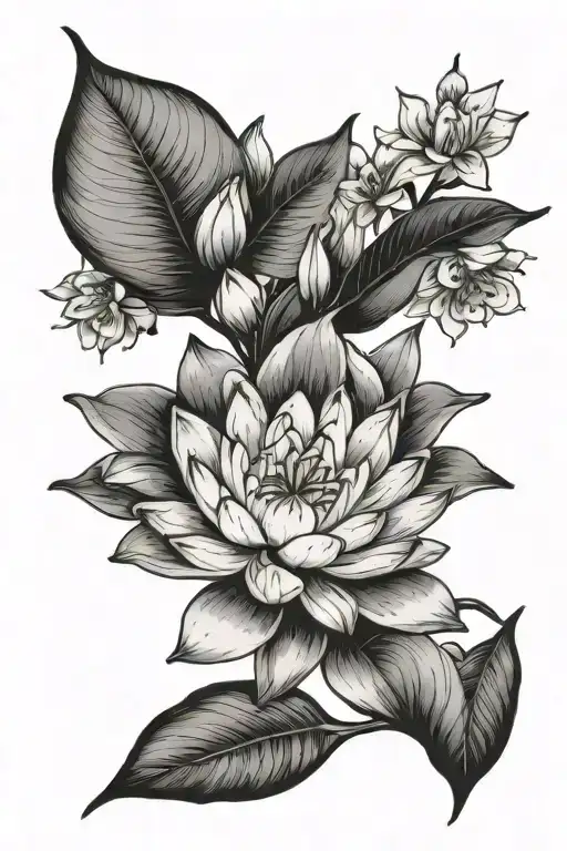 water Lilly cherry blossom olive branch black and white  tattoo design idea