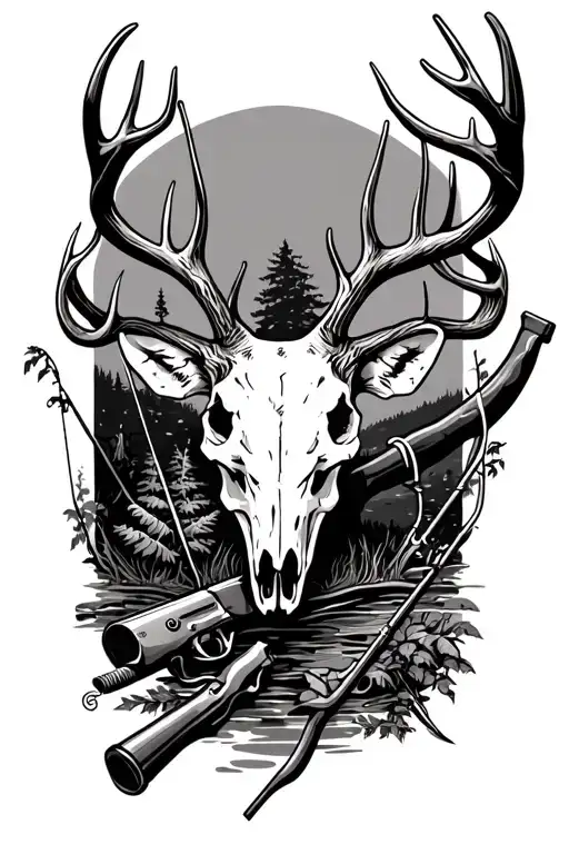 Deer skull, bow and arrow, gun, fishing pole intertwined with fishing line and nature in the background tattoo design idea