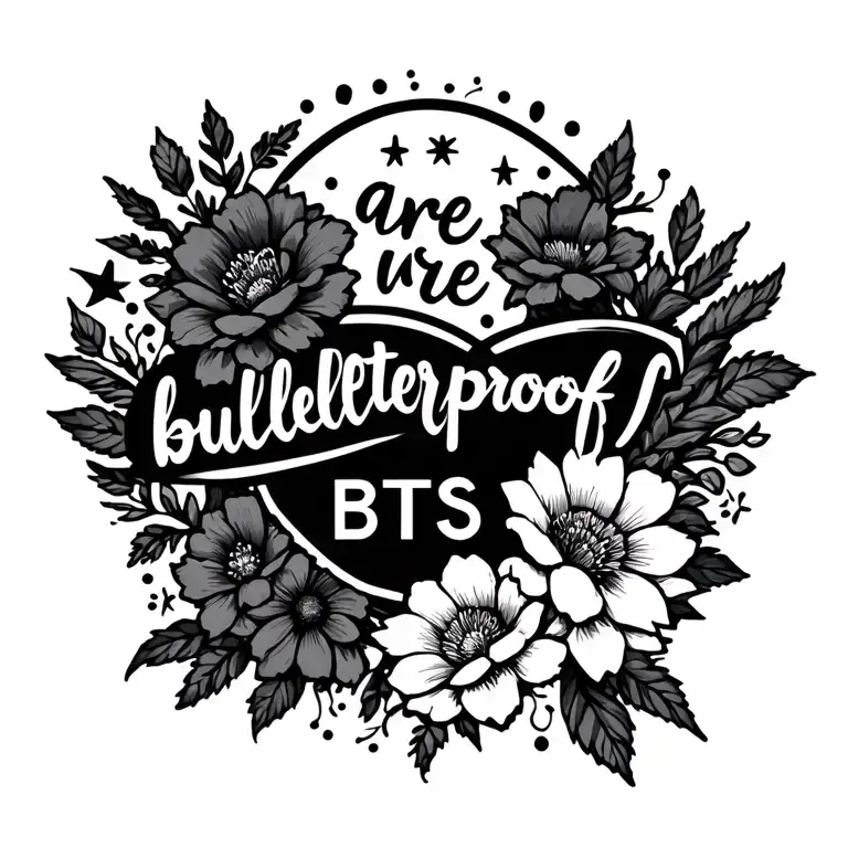 A fine line spine tattoo with flowers, stars, and the phrase “we are bulletproof BTS,” symbolizing strength and growth. tattoo design idea