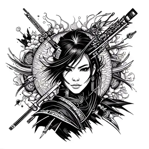 neon outlines, cyberpunk cyber implant, irezumi samurai tattoo design idea