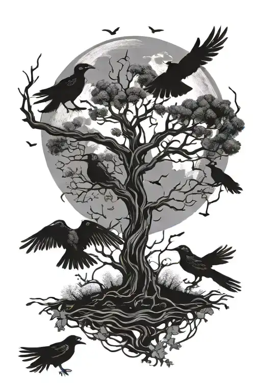 poison tree with moon and crows flying tattoo design idea