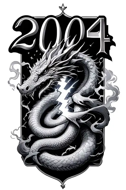 dragons, lightning storm, snake, smoke, light in clouds, the year 2004 in roman numerals  tattoo design idea