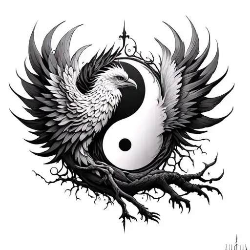 phoenix,yingyang,tree of life intertwined tattoo design idea