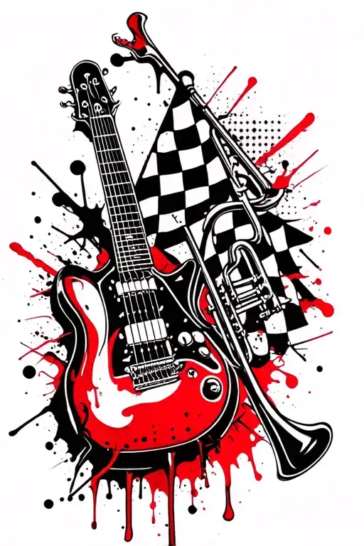 checkered flag outline design featuring a trombone, and guitar, mixed with punk elements.  tattoo design idea