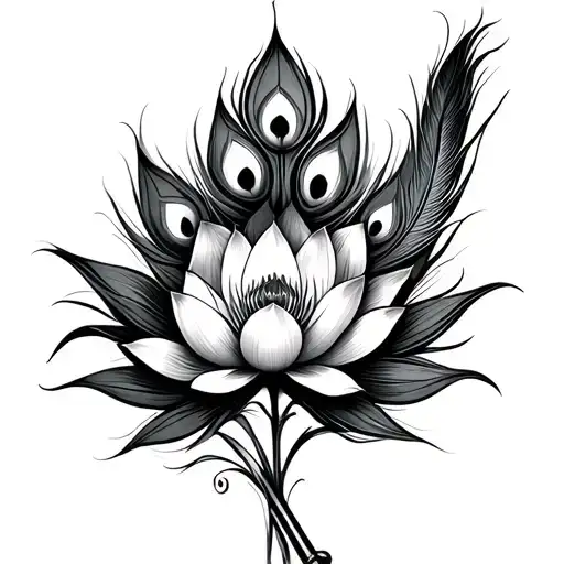 Create a sketch design for tattoo. This design should have 3 things in it peacock feather, flute, lotus flower. they 3 s tattoo design idea