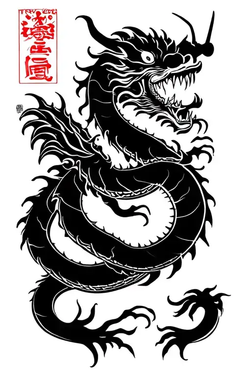 JAPANESE DRAGON WITH THE WORD TRYSTEN IN ITS SCALES tattoo design idea