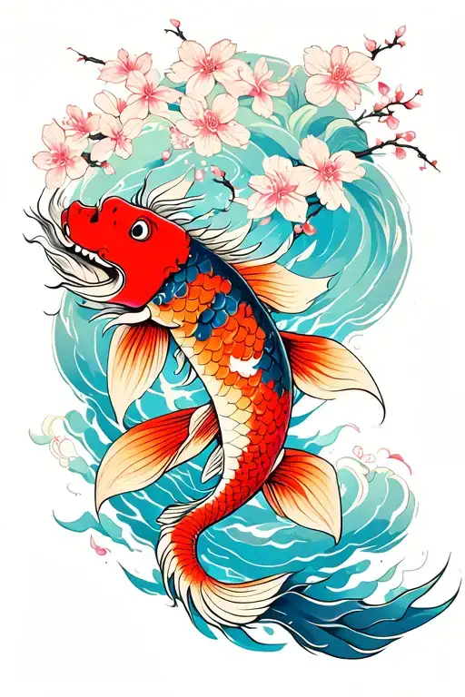 japanese koi fish swimming upstream with cherry blossoms, transforming into a beautiful dragon with Japanese clouds tattoo design idea