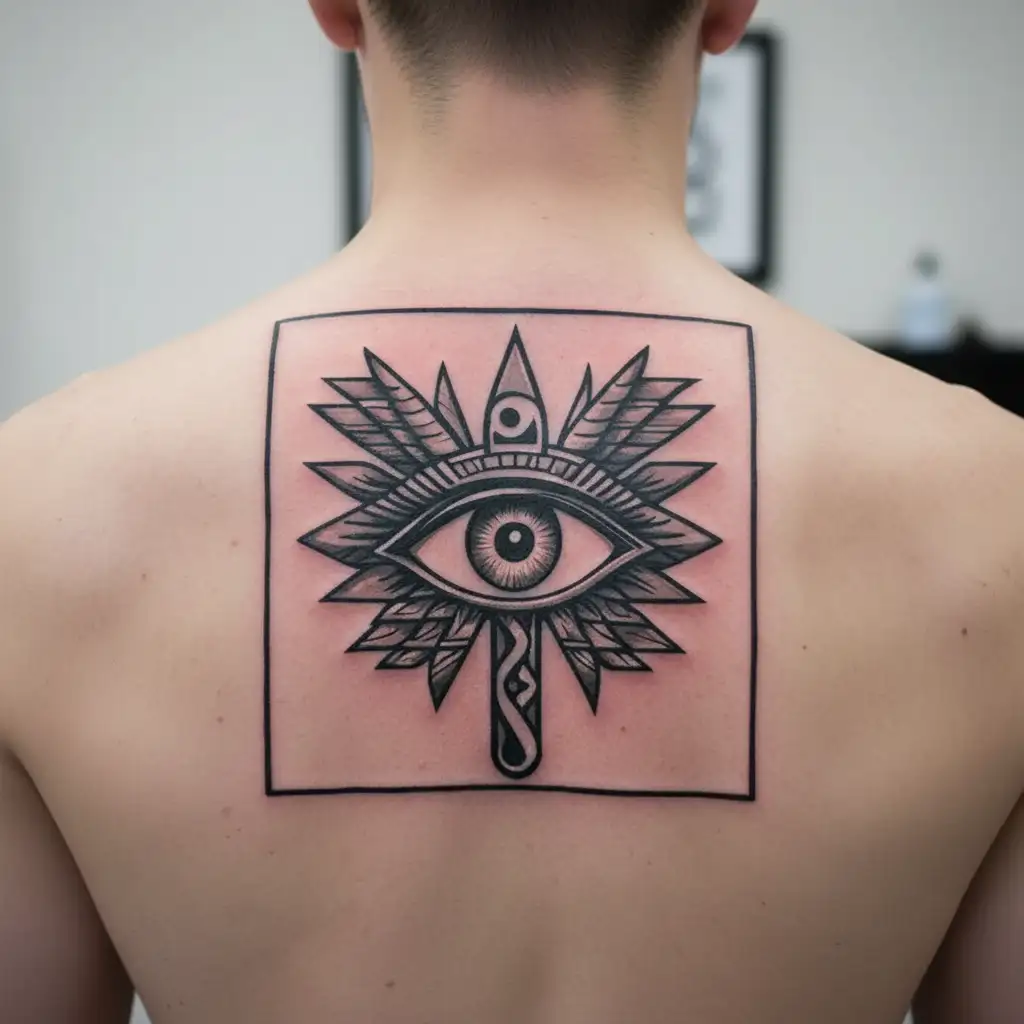 eye of ra, eye of horus, ankh, uraeus symbol intertwined tattoo design idea