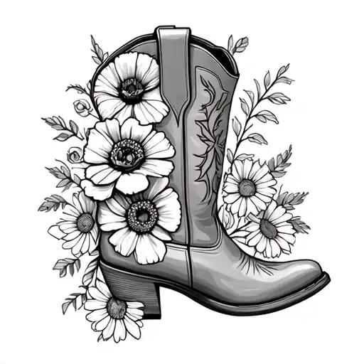 cowboy boot outline filled with poppies, daisies, roses, and asters tattoo design idea