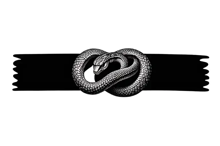 Top-down view of a continuous ouroboros snake forming a seamless bracelet around a human wrist, realistic reptile scales tattoo design idea