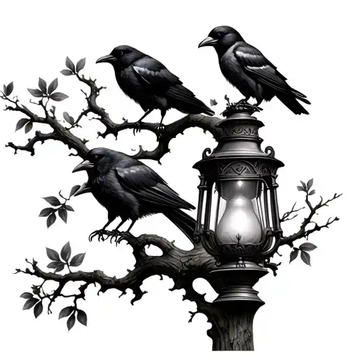 3 crows on a tree with a genies lamp tattoo design idea