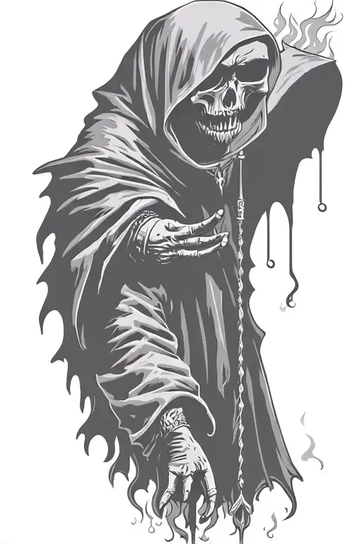 hooded reaper silohuette, smoke, fire, scary, bat wings tattoo design idea