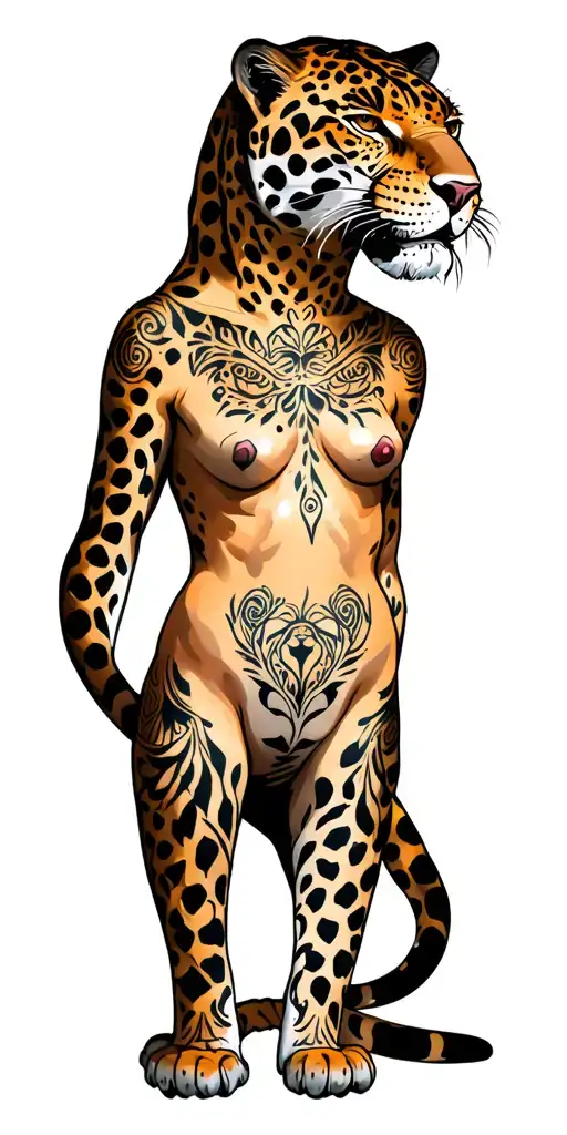 Young naked sexy full body in the form of a jaguar tattoo design idea