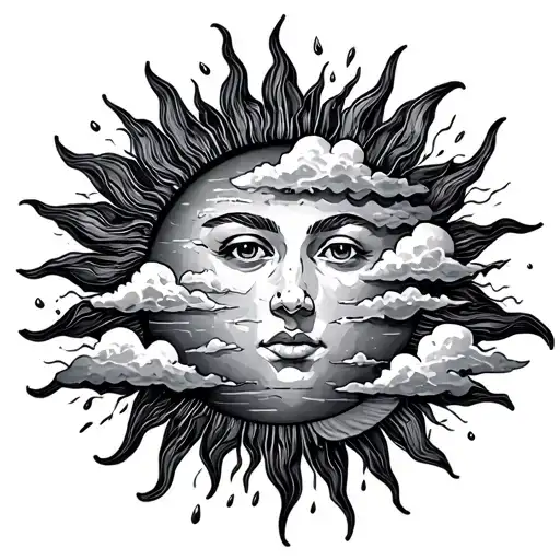 impressionist Sun with clouds and rain falling tattoo design idea