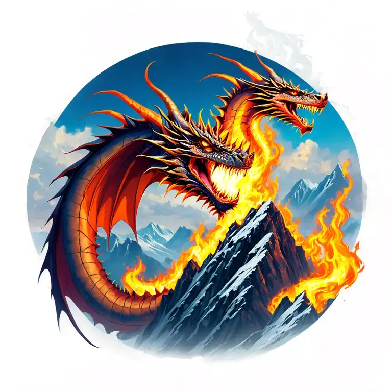midevil dragon breathing fire top of mountain peak tattoo design idea