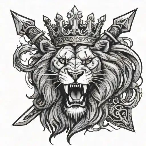 Lion with crown showing teeth and two double-edged axes tattoo design idea