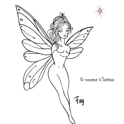 fine line tattoo fairy with name fay written inside tattoo design idea