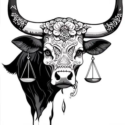 feminine bull with sugar skull markings and 2 Libra scales and shaded background tattoo design idea