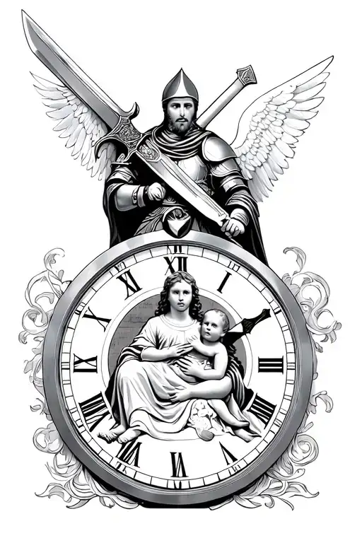 A knight holding a big sword at the top, and an angel sat in front of him, sitting on a large watch, holding a baby in his arms tattoo design idea