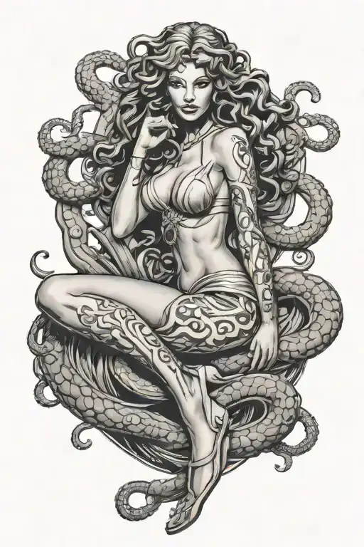 full body portrait of Medusa pin up girl sitting tattoo design idea