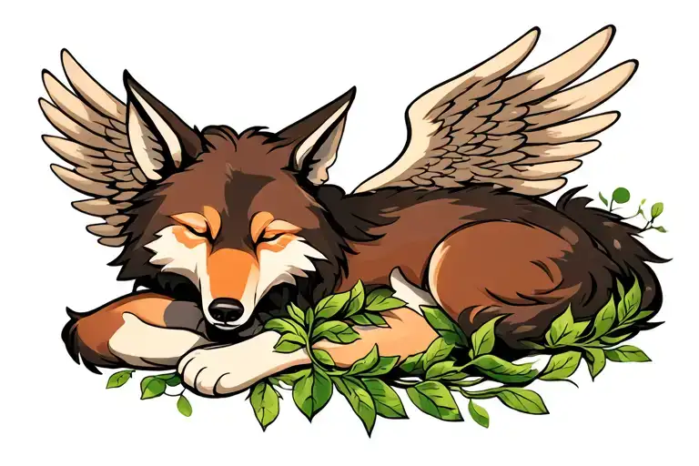 sleeping brown wolf with wings made of green leaves tattoo design idea