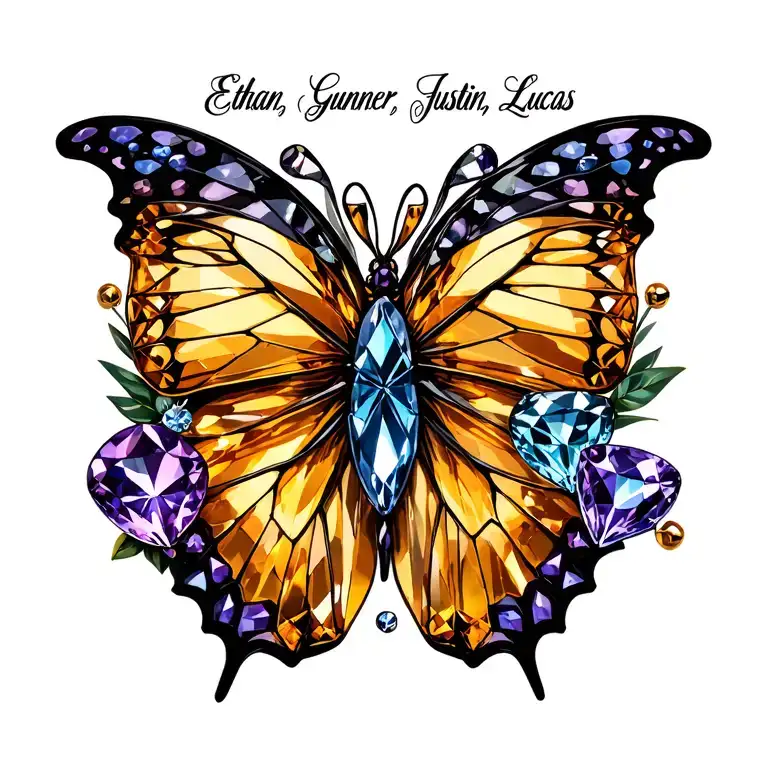 "Ethan, Gunner, Justin, Lucas" butterfly using citrine, alexandrite, sapphire, and diamond tattoo design idea