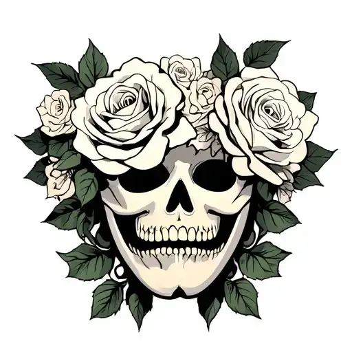 comedy and tragedy masks white roses scary death tattoo design idea
