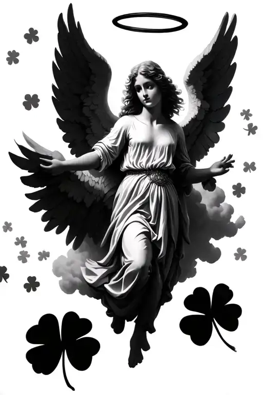 A realistic angel with a glowing halo above their head, surrounded by clouds made of four-leaf clovers. The angel should tattoo design idea