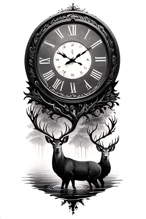 3 deer trees water clock tattoo design idea