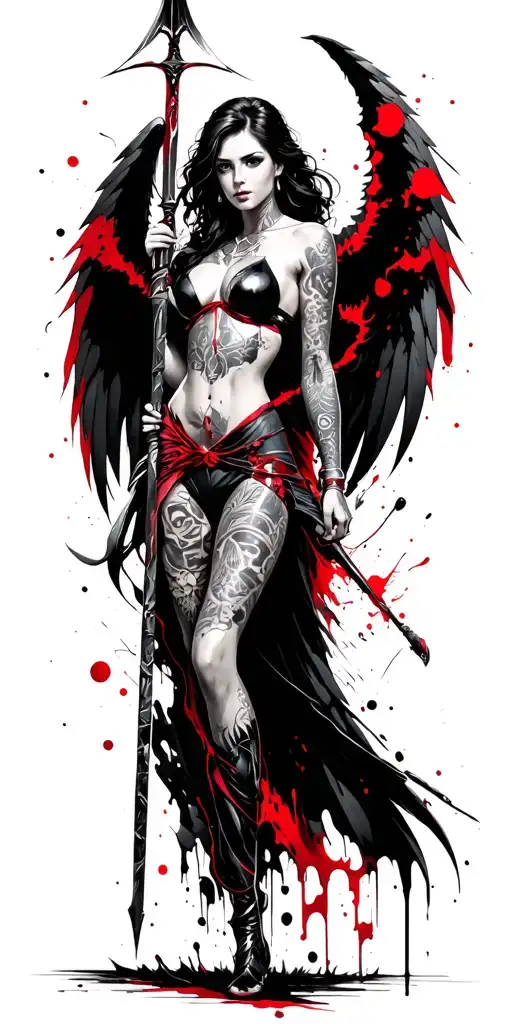 fantasy style, tattooed, female battle angel using a spear tattoo design idea