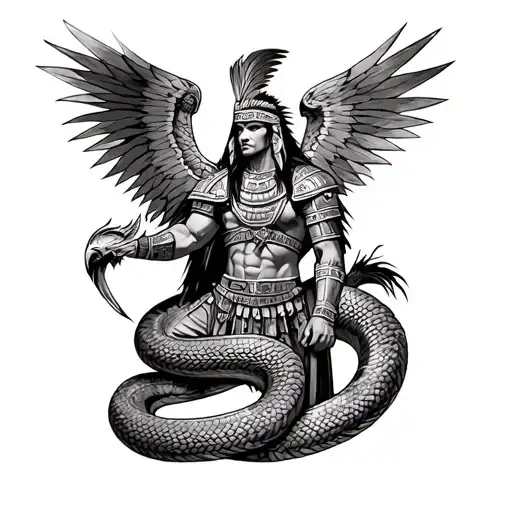 Aztec warrior with eagle armor against a serpent tattoo design idea
