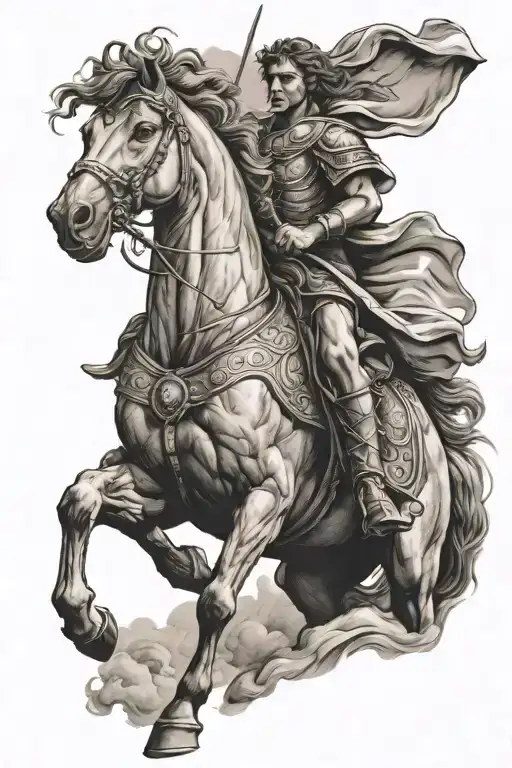 alexander the great on a horse going into battle scene tattoo design idea