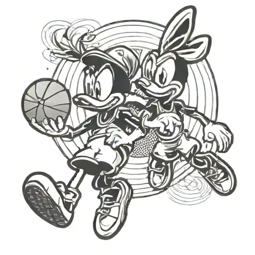 A tattoo of Daffy Duck and Marvin the Martian playing a game of basketball tattoo design idea