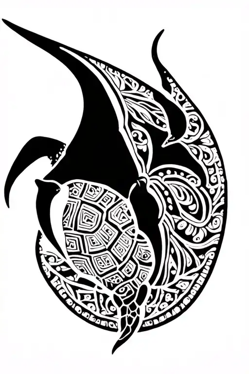 mayan themed manta ray and turtle swimming separately tattoo design idea