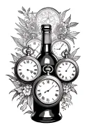 wine bottle with 3 pocket watches inside tattoo design idea