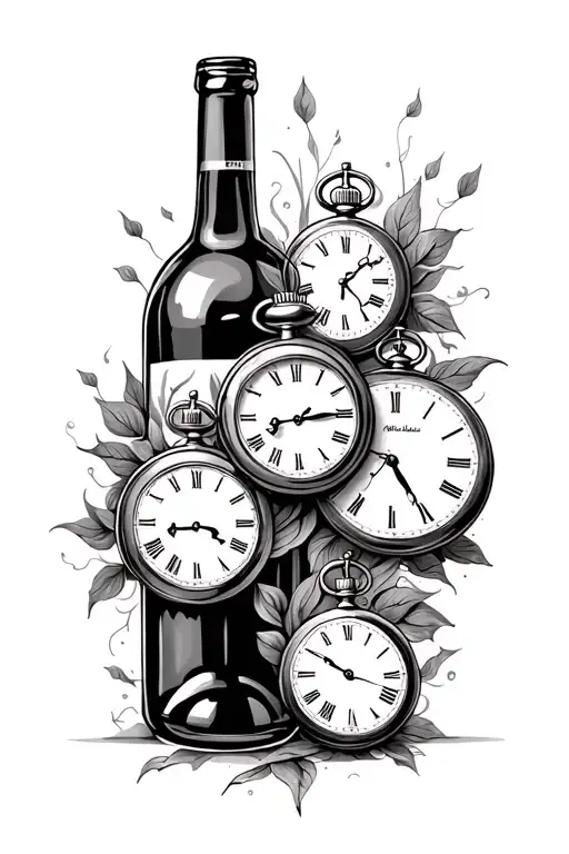 wine bottle with 3 pocket watches inside tattoo design idea