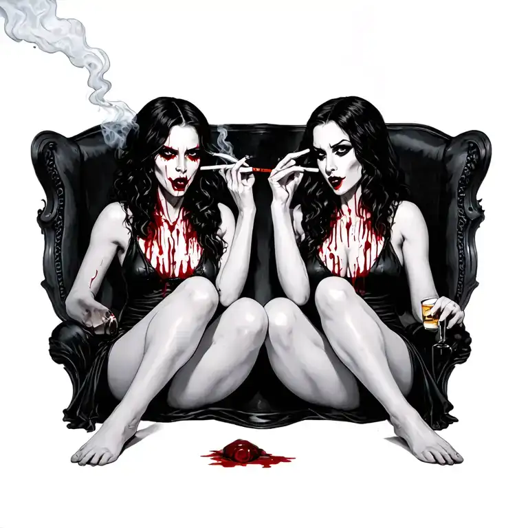 sexy bloody vampire women sitting alcohol smokes cigarette tattoo design idea