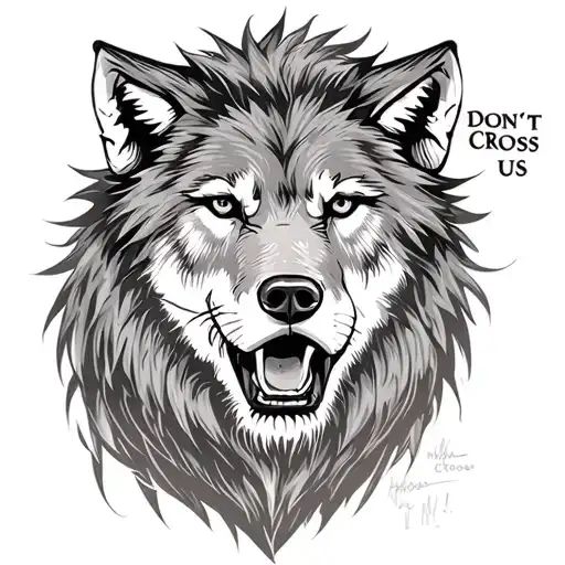 Text: "Don't Cross Us" in a solid, impactful font.Symbol: A wolf or lion's face (representing strength, loyalty, and fe tattoo design idea