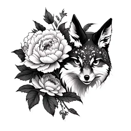 Japanese style full sleeve tattoo in black and grey. Peonies in bloom, fox (kitsune) with mystical expression, an owl pe tattoo design idea