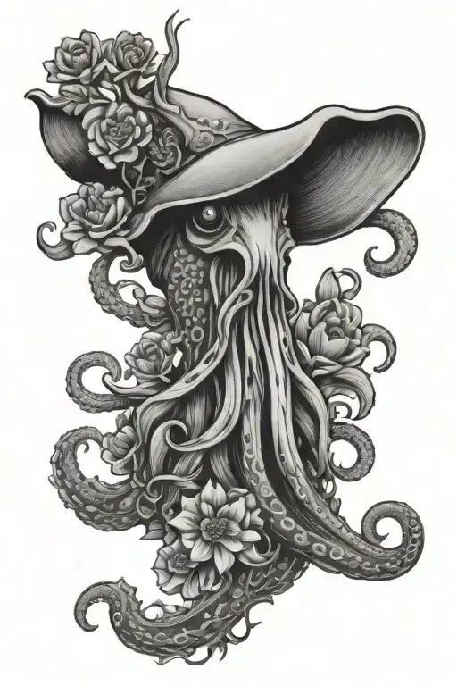 big squid holding flowers tattoo design idea